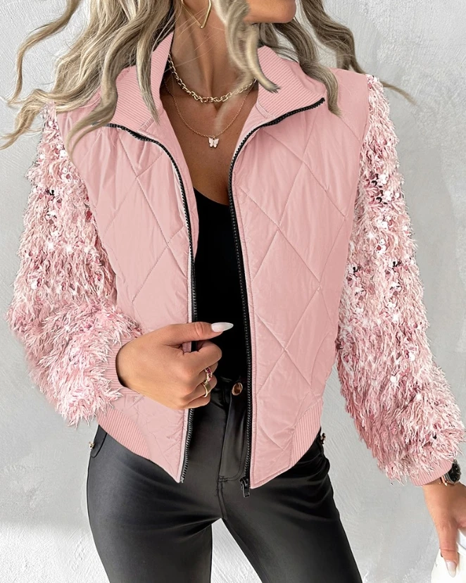 

2023 Autumn Winter Spring New Fashion Casual Fuzzy Contrast Sequin Patchwork Puffer Jacket Elegant Coat Top Female Outfits