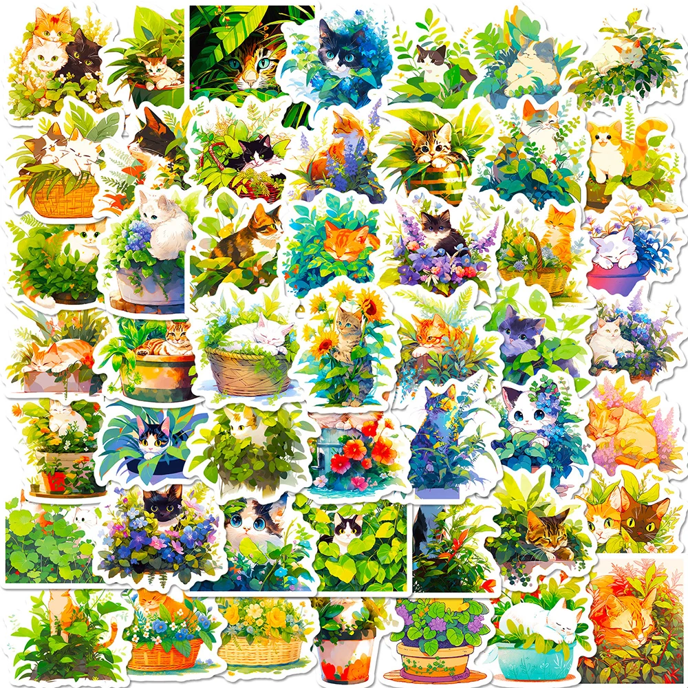 10/30/50pcs Kawaii Cat Plant Cartoon Stickers Creative Art Flowers Sticker Wall Notebook Bike Suitcase Kid Animal Decal Toy Gift