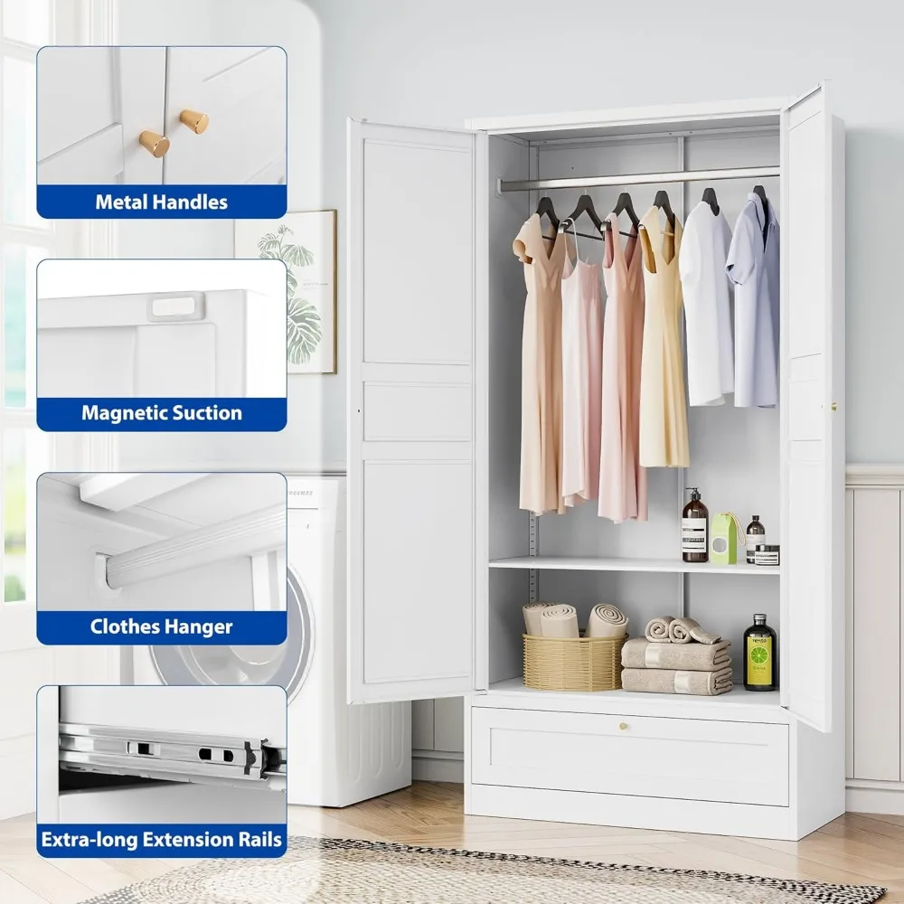Metal Armoire Wardrobe Closet with  Wardrobe Cabinet with Drawers and Hanging Rail Metal Closet with Adjustable Shel 5