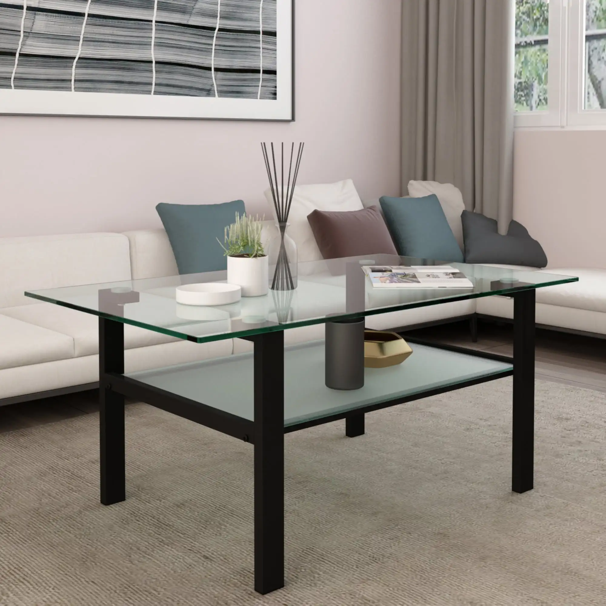 Mesa de centro de cristal negro para sala de estar, mesa central  rectangular moderna para sala de estar, con patas de metal negro, parte  superior de