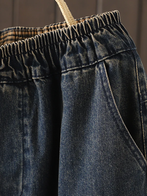 Women's Retro Embroidered Denim Harlan Pants Elastic Waist Heavy Work Cotton Blend Casual Straight Leg Trousers for Autumn