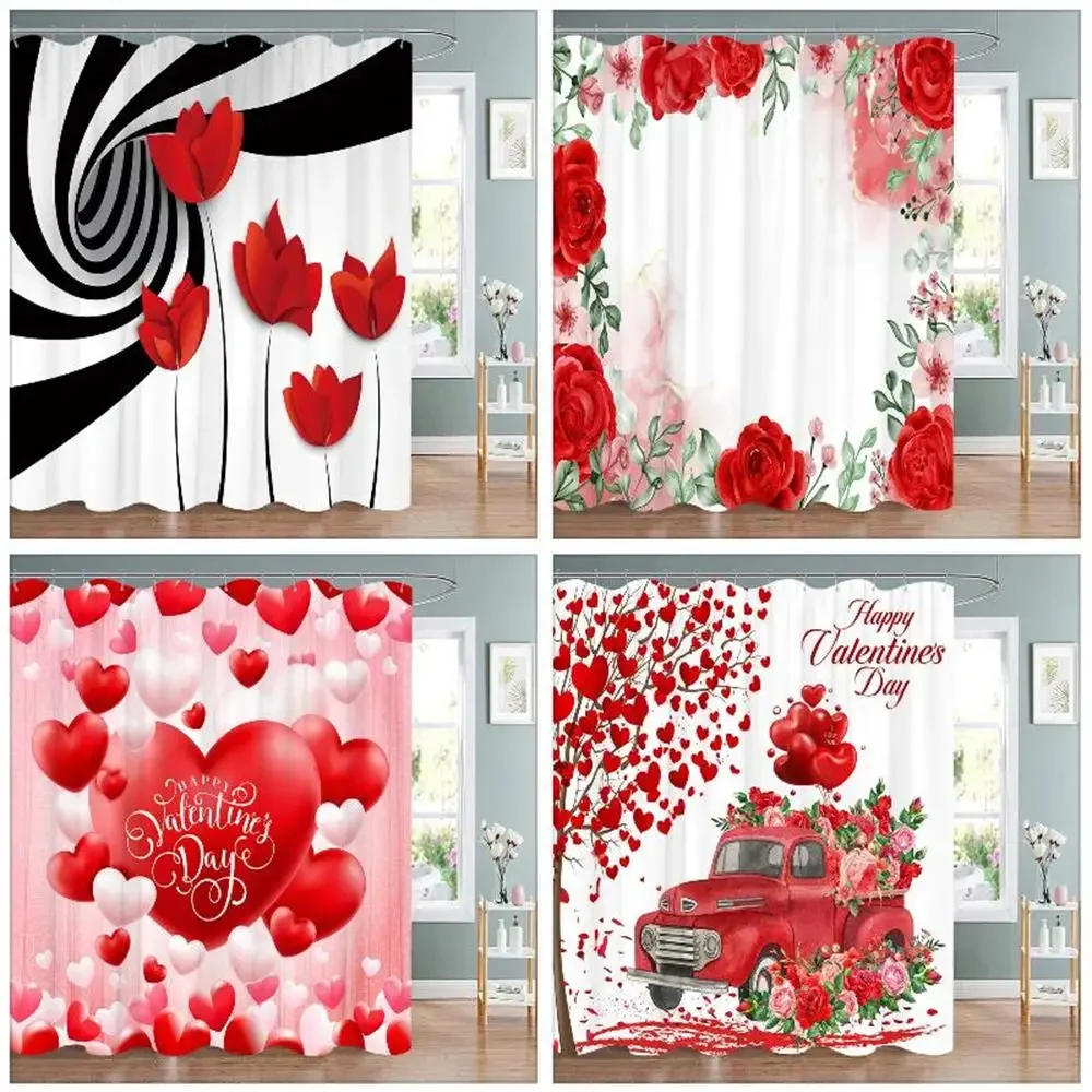 

Занавеска для душа из полиэстера, моющиеся подвесные шторы для ванной комнаты, с красными розовыми или красными цветами влюбленных деревьев, украшение для ванной комнаты, День святого Валентина