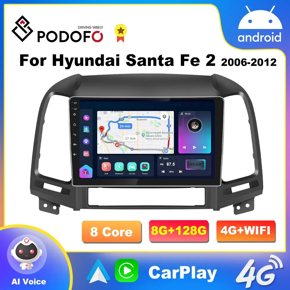 

Автомагнитола Podofo 8G 128G CarPlay Android для Santa FE 2006-2012 автомобильный радиоприемник мультимедийный плеер 2 Din стереоприемник DSP