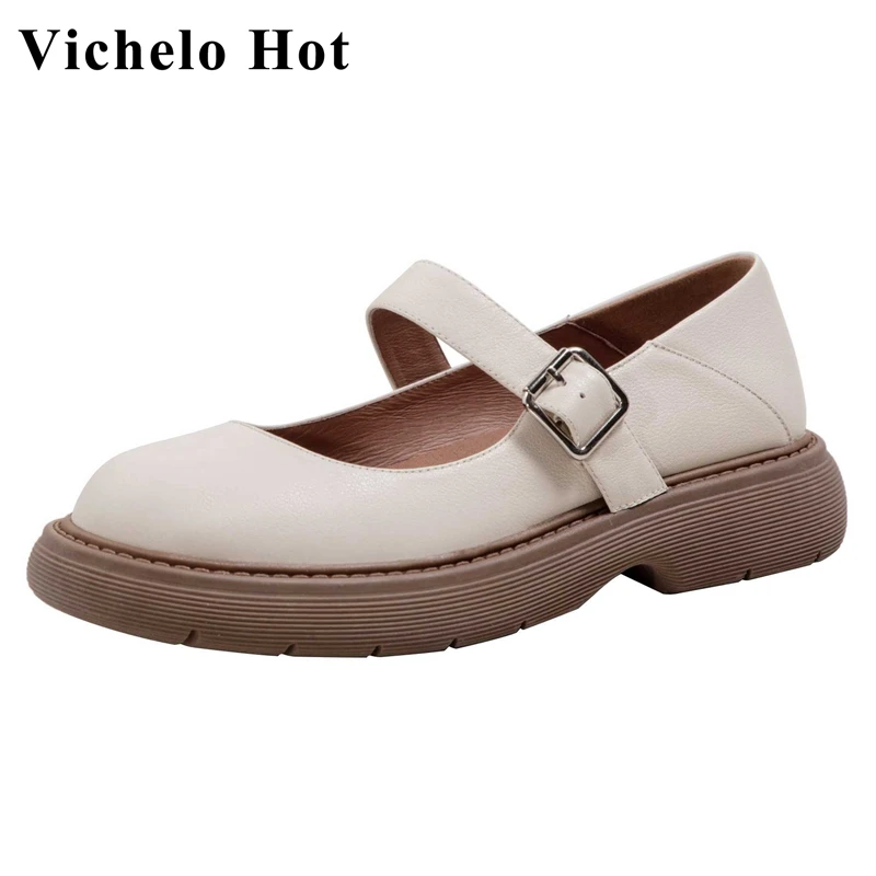 

Vichelo Hot new genuine leather round toe med heel preppy style young lady daily wear simple solid buckle strap women pumps L82