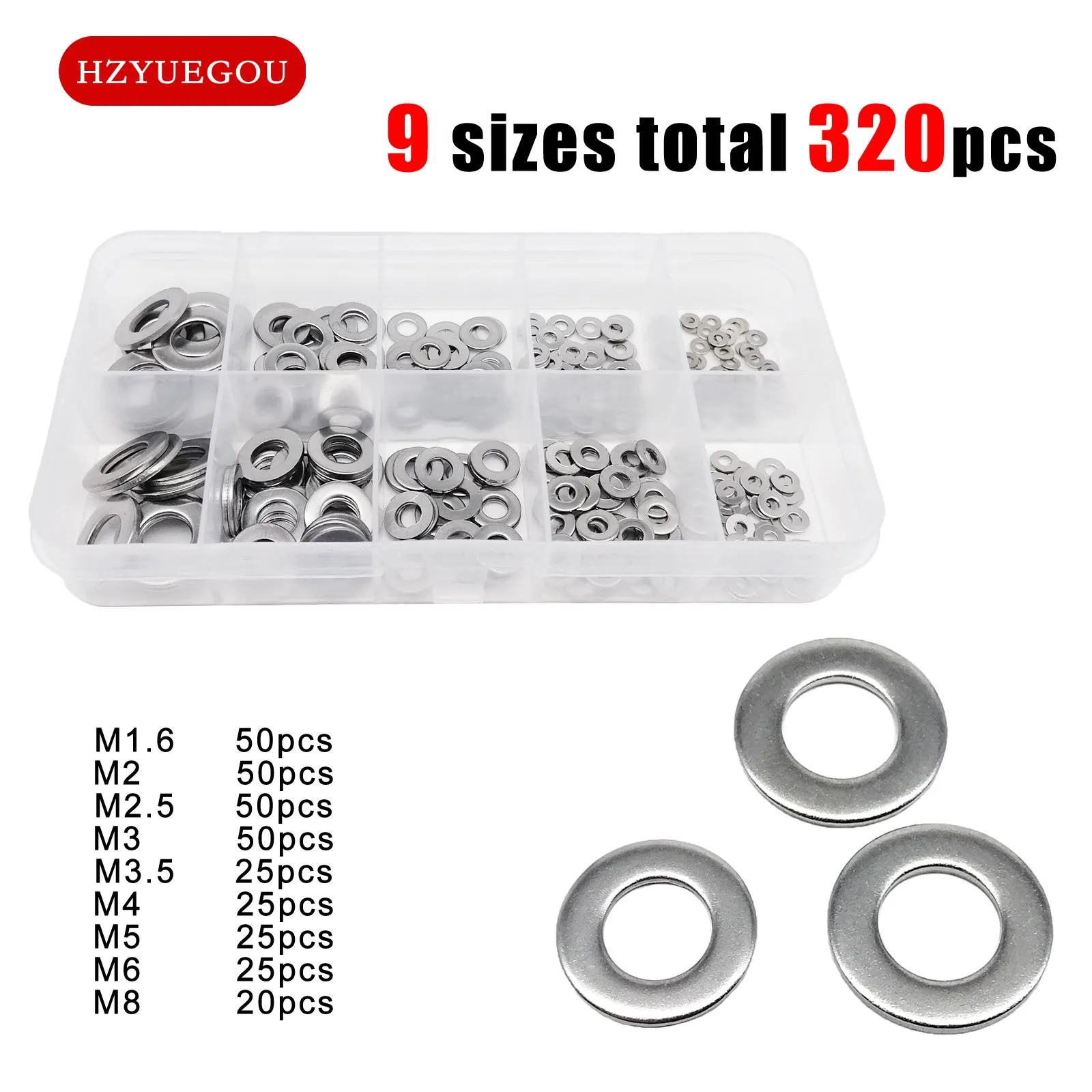 Stainless Steel Washers 320pcs GB97 Plain Gasket Ring Flat Washer Mix Size