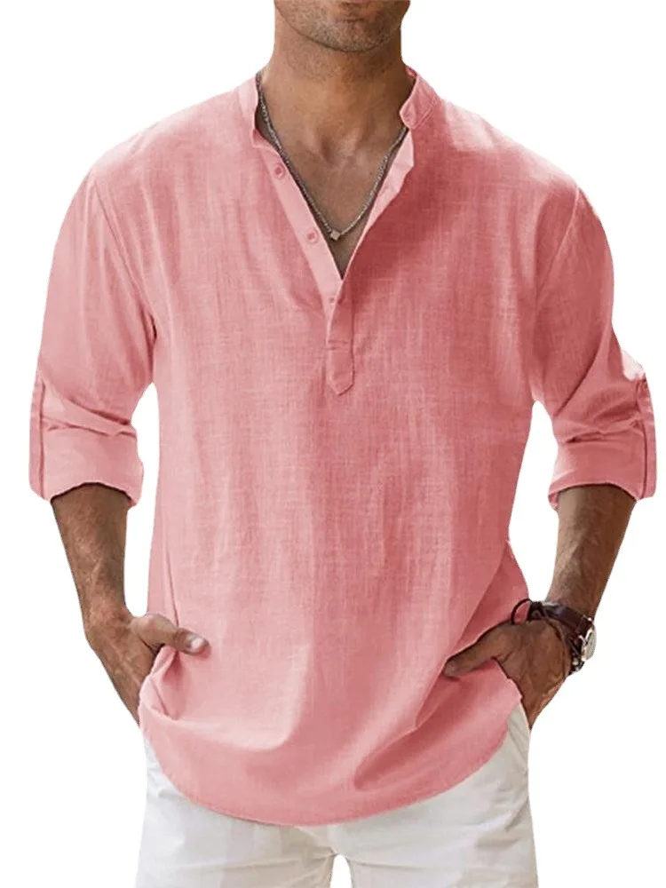 Men's Trendy Standing Collar Sports Shirt Solid Color Pure Cotton Top Shirt Summer New Casual Men's Loose Fitting Shirt 2023 New