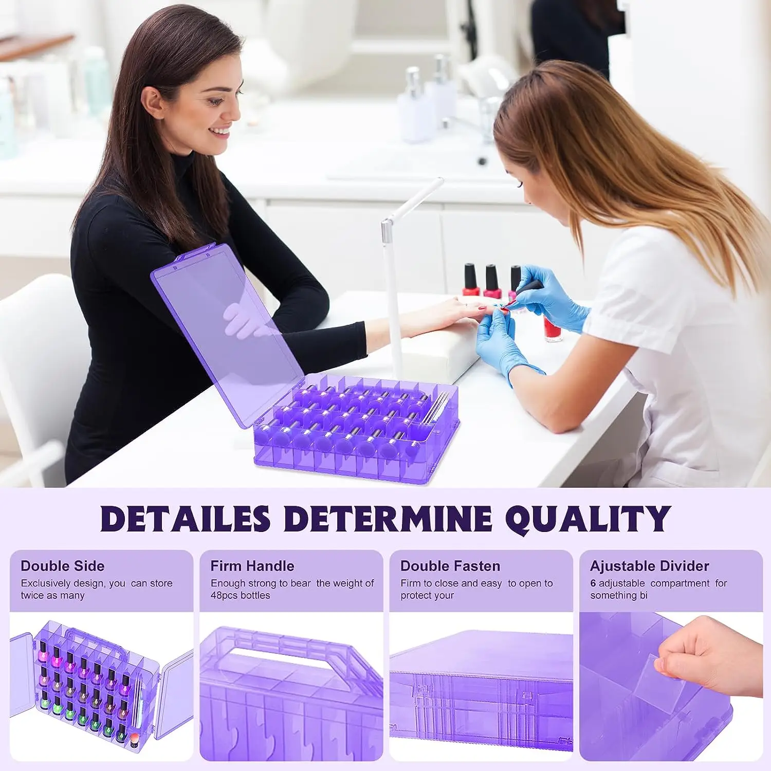 Portable Nail Polish Organizer Clear Double Side Nail Polish Holder Gel Nail Storage for 48 Bottles with 6 Adjustable Dividers