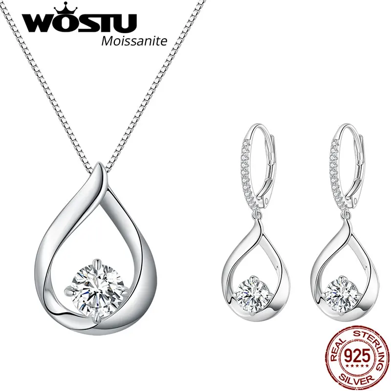 Wostu 1Ct Moissanite Waterdrop Collana Orecchini Lab Diamond 925 Sterling Silver Pendenti Donna Wedding Set Regalo Di San Valentino