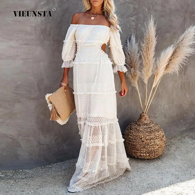 

Beach Vestidos De Fiesta Lace Women Elegant White Backless Sexy Evening Maxi Dresses Female Boho Slim Wedding Party Dress