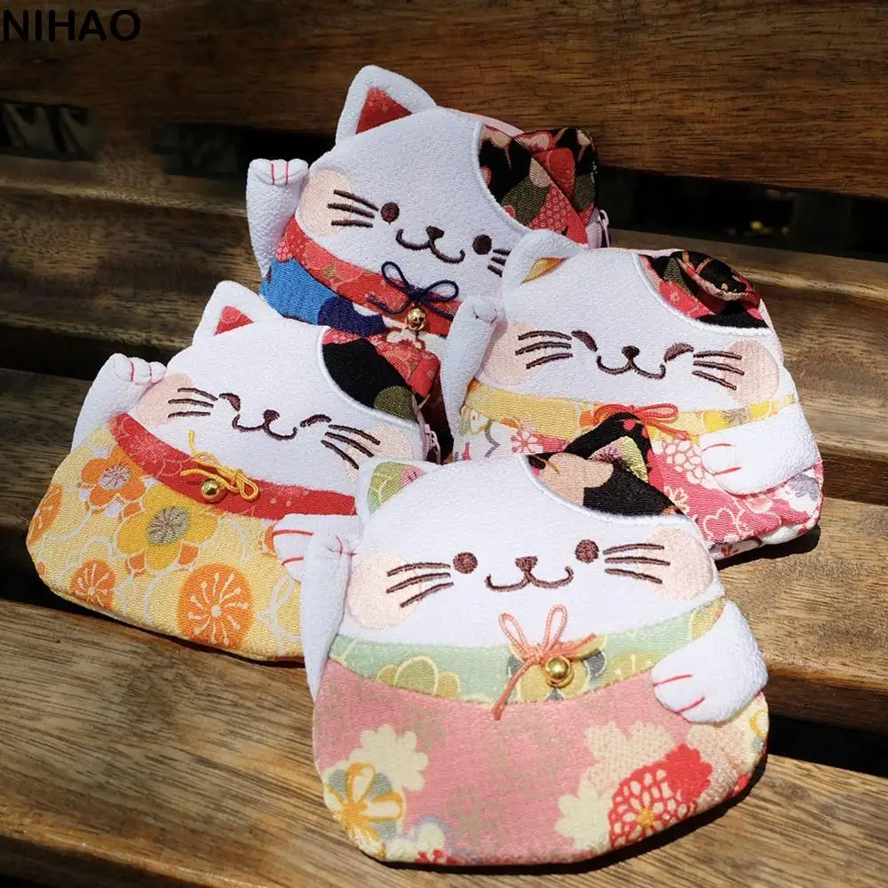 Retro Japanese Style Maneki Neko Coin Purse Zipper Flower Printing Lucky Cat Clutch Bag Storage Bag PU Card Holder Women