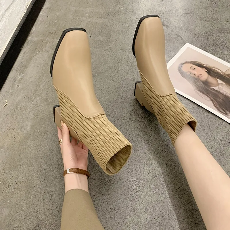 Ladies Shoes on Sale 2023 Basic Women's Boots Brand Ankle Boots Women Knitted Stretch Slip-on Square Toe Chunky Heel Shoes Women