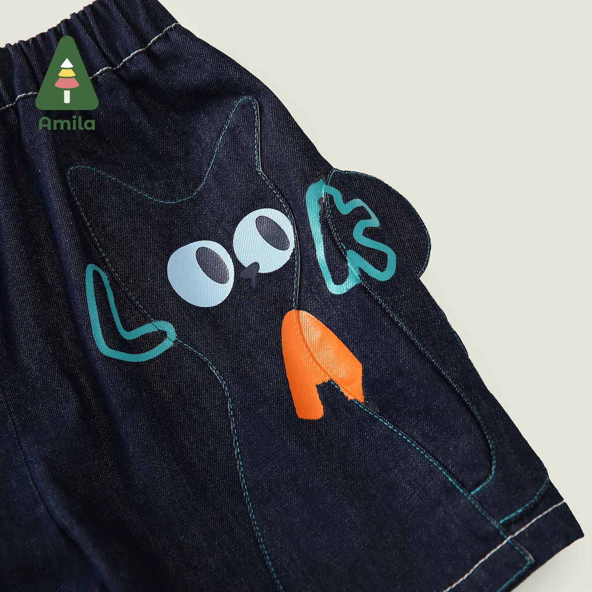 Amila Summer New Boys Bottom Soft Denim Patchwork Cartoon Cat Dark Blue Boutique Breathable Quarter Pants 0-6Y