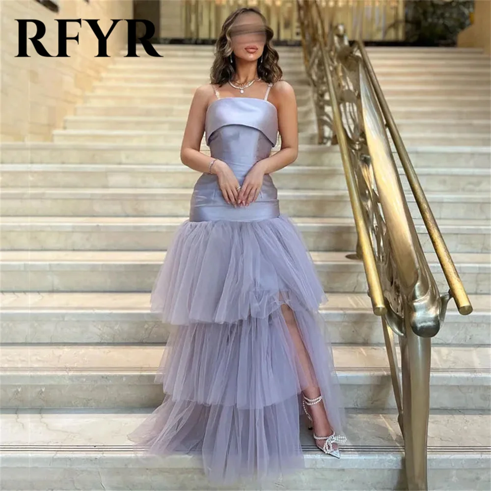 

RFYR Lilac Prom Dress Elegant Strapless Sleeveless Evening Dress Spaghetti Straps Mermaid Party Dress Side Slit Tulle 프롬드레스