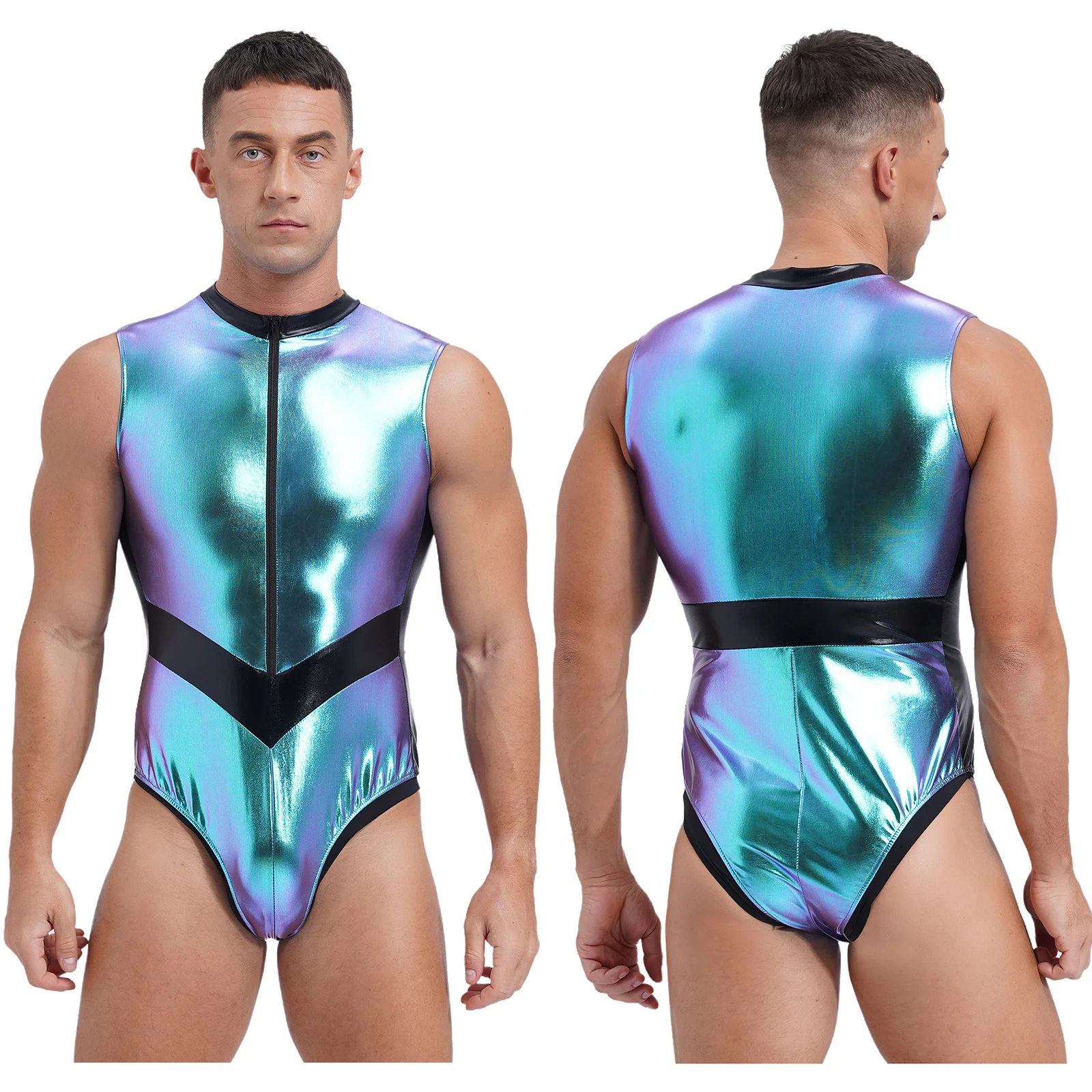thumbnail image 1 of Disfraz de astronauta galáctico para hombre, traje de cosplay metálico brillante con cremallera frontal, leotardo sin mangas para Halloween, 1 of 5