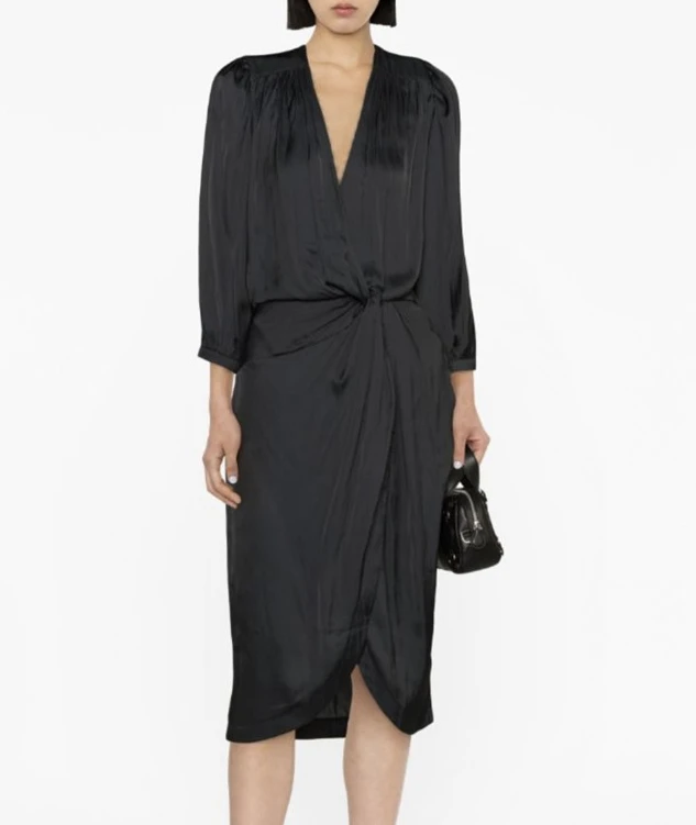 

Fashion Classic Trendy Luxury Designer Cloth Women Irregular Dress Early Autumn Elastic Waist Wrinkle Deep V Simple Midi Robe