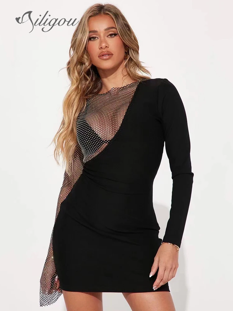 

Ailigou 2022 New Fall Ladies Dress Shiny Crystal Cutout Fishnet Design Long Sleeve Celebrity Club Bandage Black Sexy Mini Dress