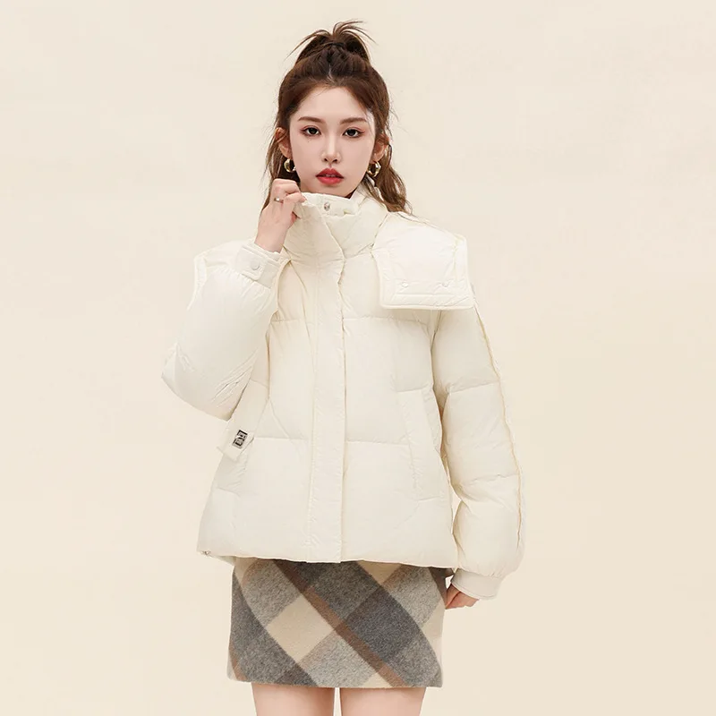 

2023 winter women Short down jacket white duck bread with high collar hooded windproof warm loose fitting temperament coat