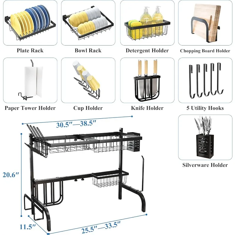 Over The Sink Dish Drying Rack, Adjustable (25.5 to 33.5 inch) 2 Tier Metal Steel Dish Drying Racks 6