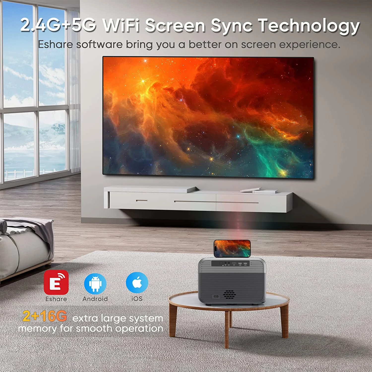 Portable Projector 4K 1080P 5G WiFi 800ANSI BT5.0 Video Android 10.0 Mini Beam Home theater