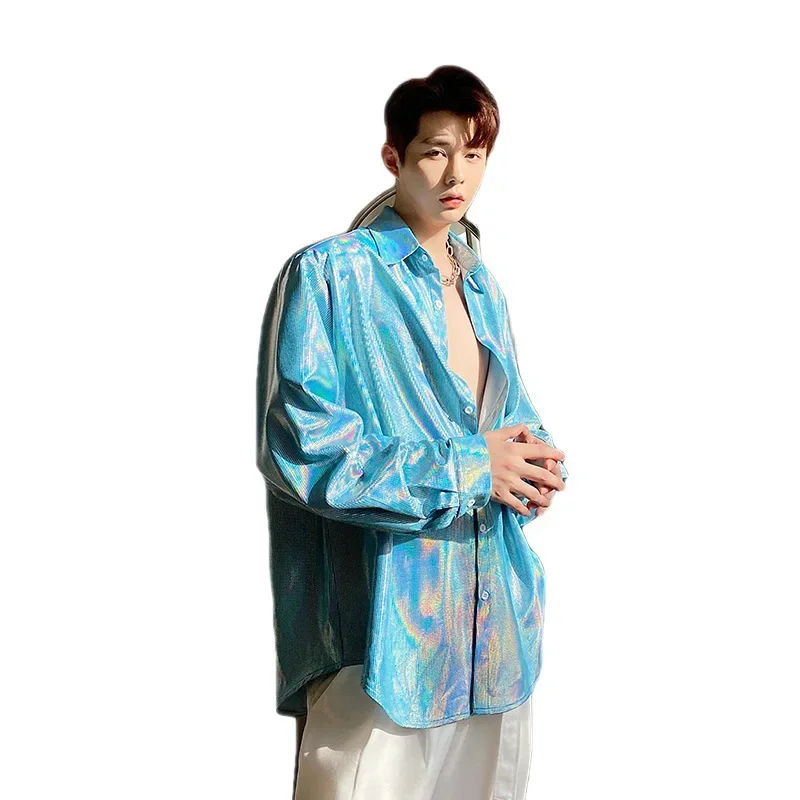 

2023 New Singer Nightclub Night Show DJ Stage Group Performance Costume Colorful Silver Bright Face Long Sleeve Shirt Men's Top