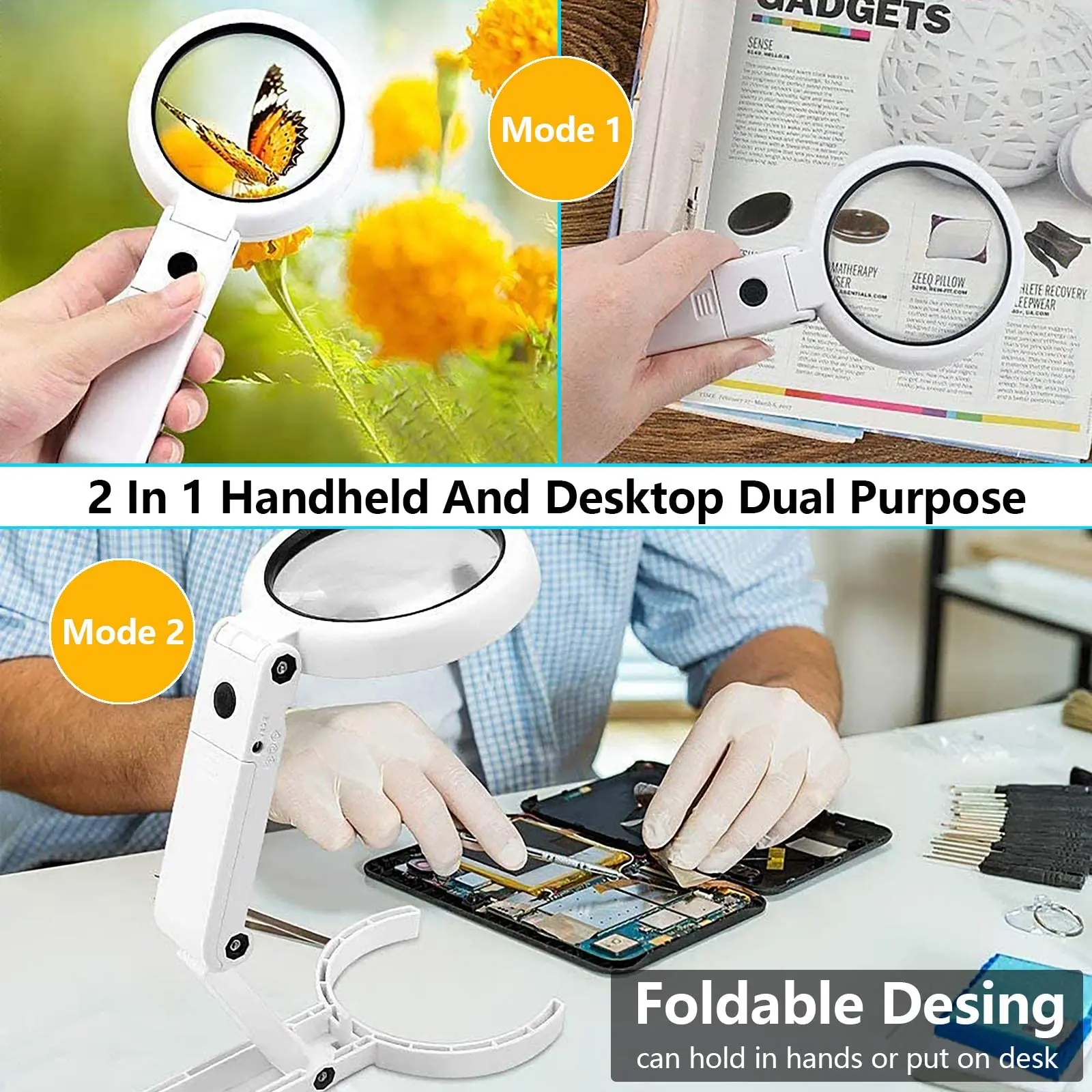 Folding Magnifying Glass 5x 11x with 8 LED Lights Stand for Seniors Reading