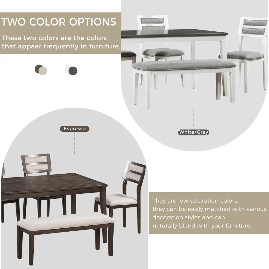 6 Piece Dining Set, 1 Dining Table, 4 Upholstered Chairs & Bench Classic Traditional Style living room furniture(White+Gray)