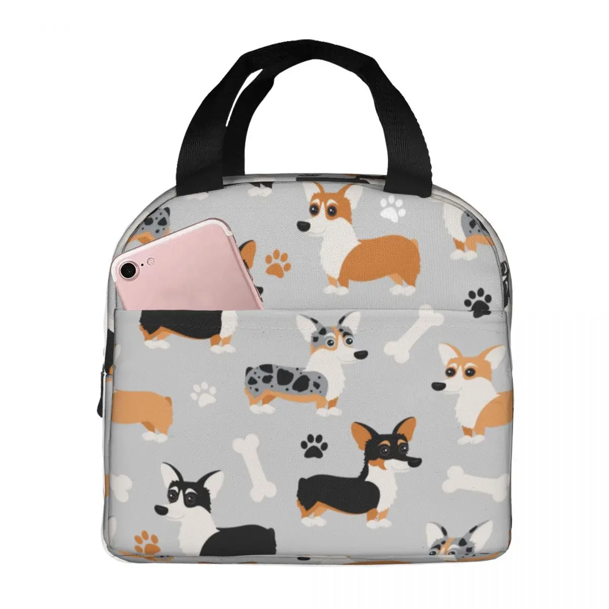 Cute Corgi Pattern Gray Lunch Bags Portable Insulated Oxford Cooler Bags Dog Thermal Cold Food Picnic Tote for Women Girl