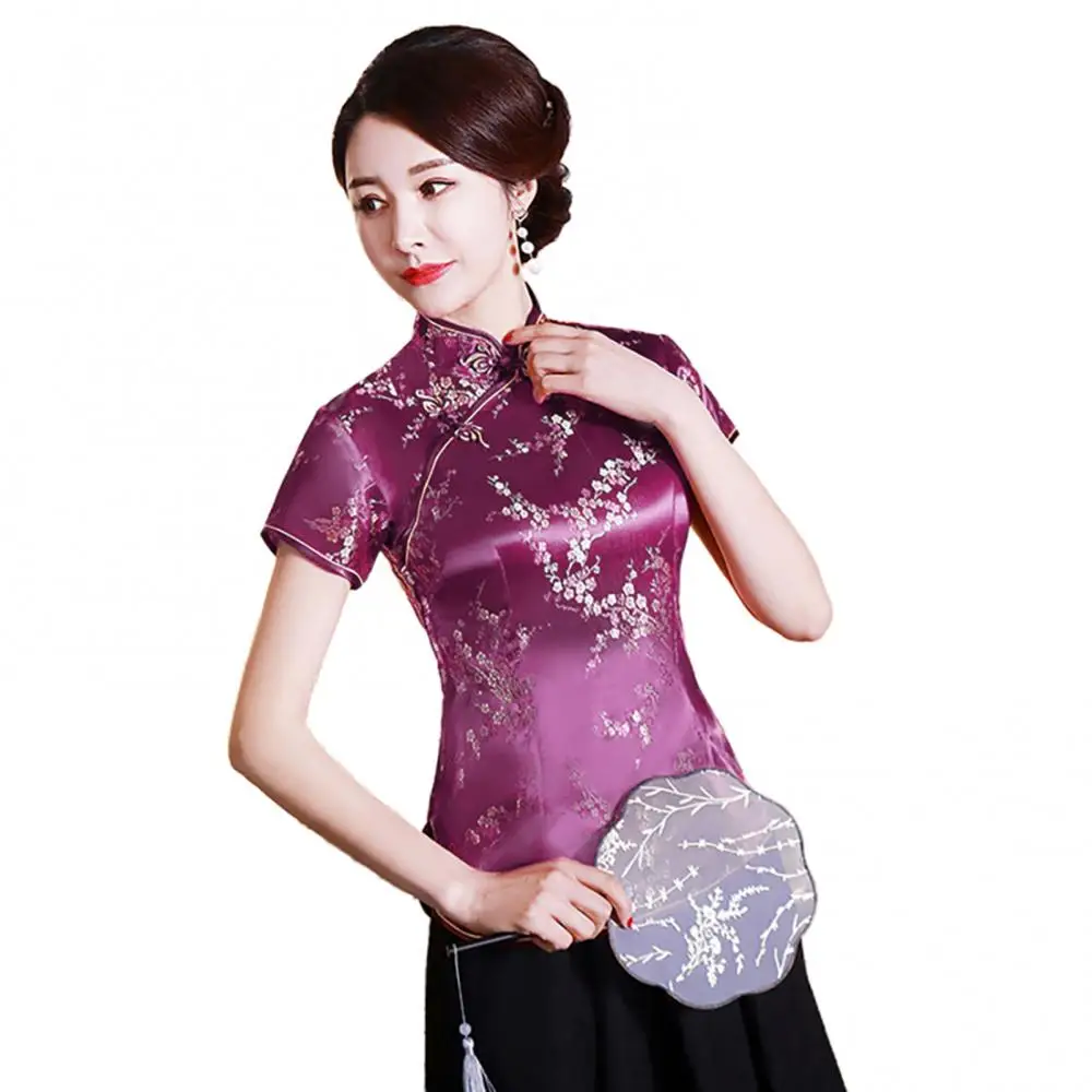 Women Chinese Plum Blossom Short Sleeve Stand Collar Buttons Slim Women's Blouse Shirt Short Sleeve T-shirt Summer Tops