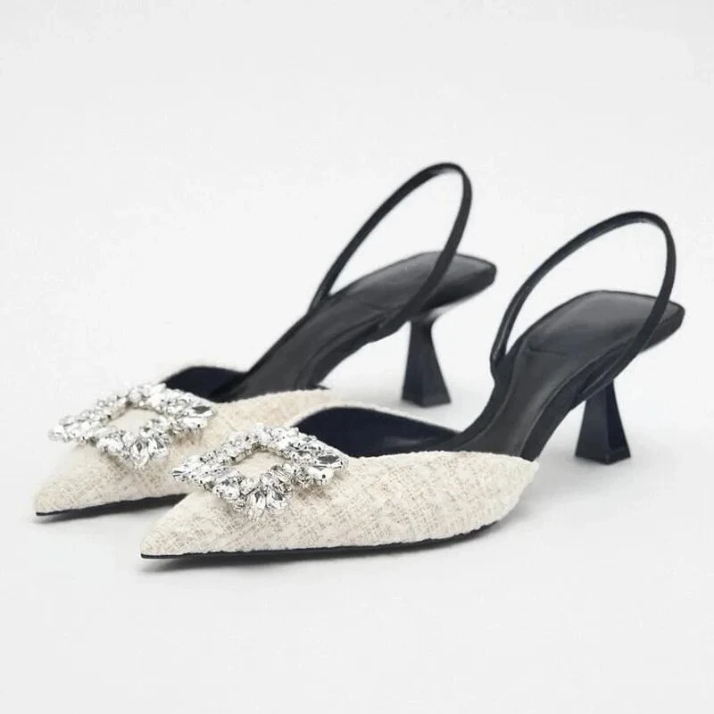 

TRAF Square Rhinestone Kitten Heel Pumps Women White Tassel Texture Black Sole Slingbacks Point Toe Spike Heel Sandals For Woman