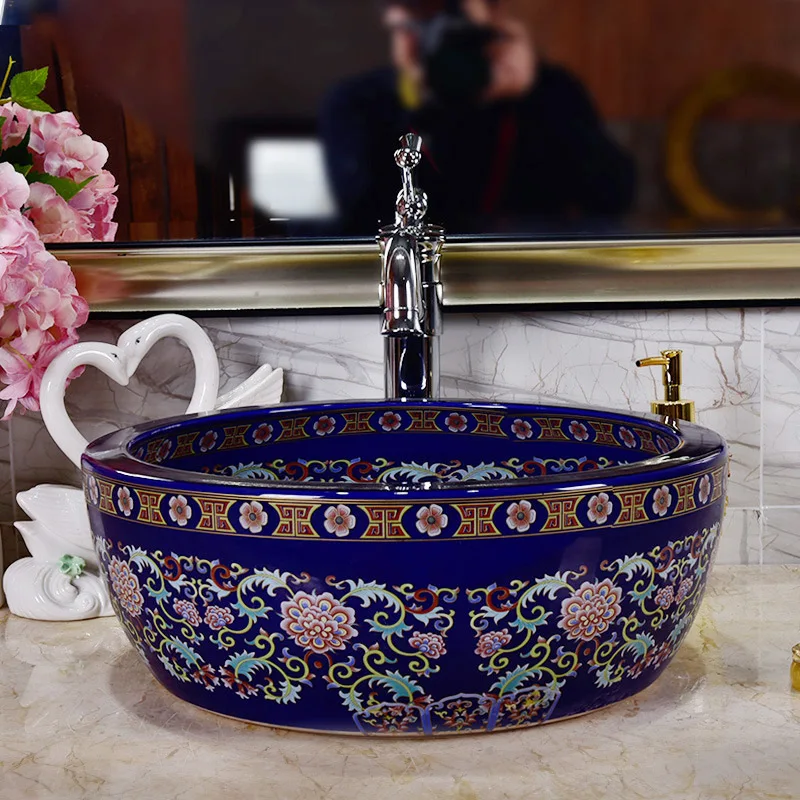 

Oval Blue And White Jingdezhen factory directly art hand painted ceramic wash basin outdoor wash basin
