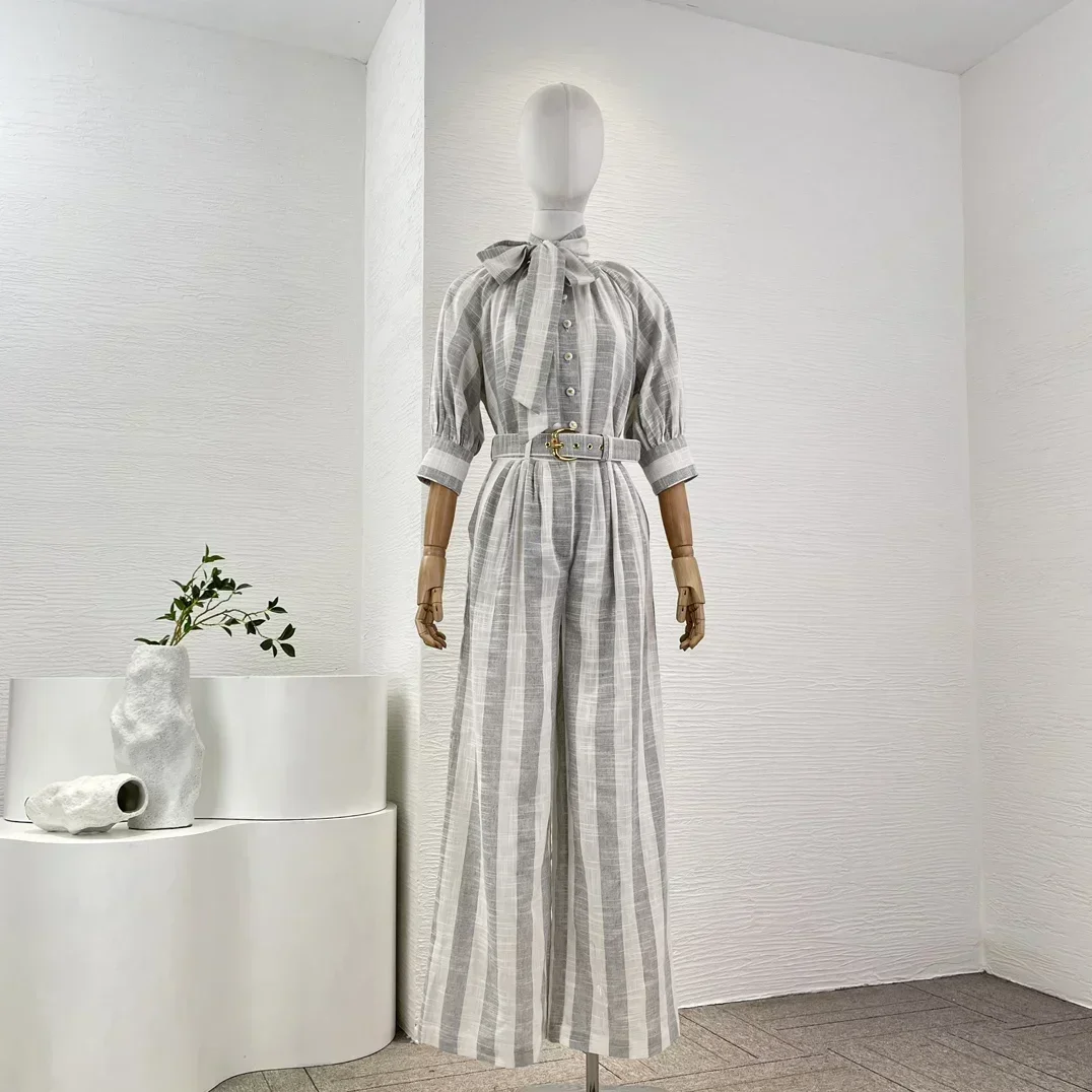 

Top Quality New White Stripe Half Sleeve Belt Blouse Tops and Wide Leg Pants Trousers Women Casual Set