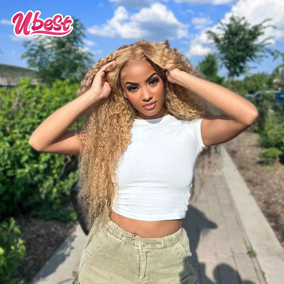 Honey Blonde Water Wave Lace Frontal Wig 13x6 Frontal Human Hair #27 Colored Wig Brazilian Remy Hair Lace Closure Wigs For Women