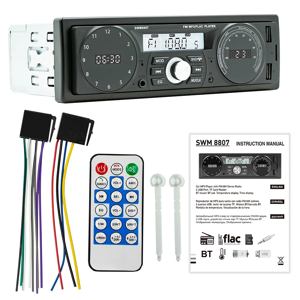Car Stereo Receiver Single Din BT MP3 Player AM/FM Radio Support Time/Temperature Display Hands