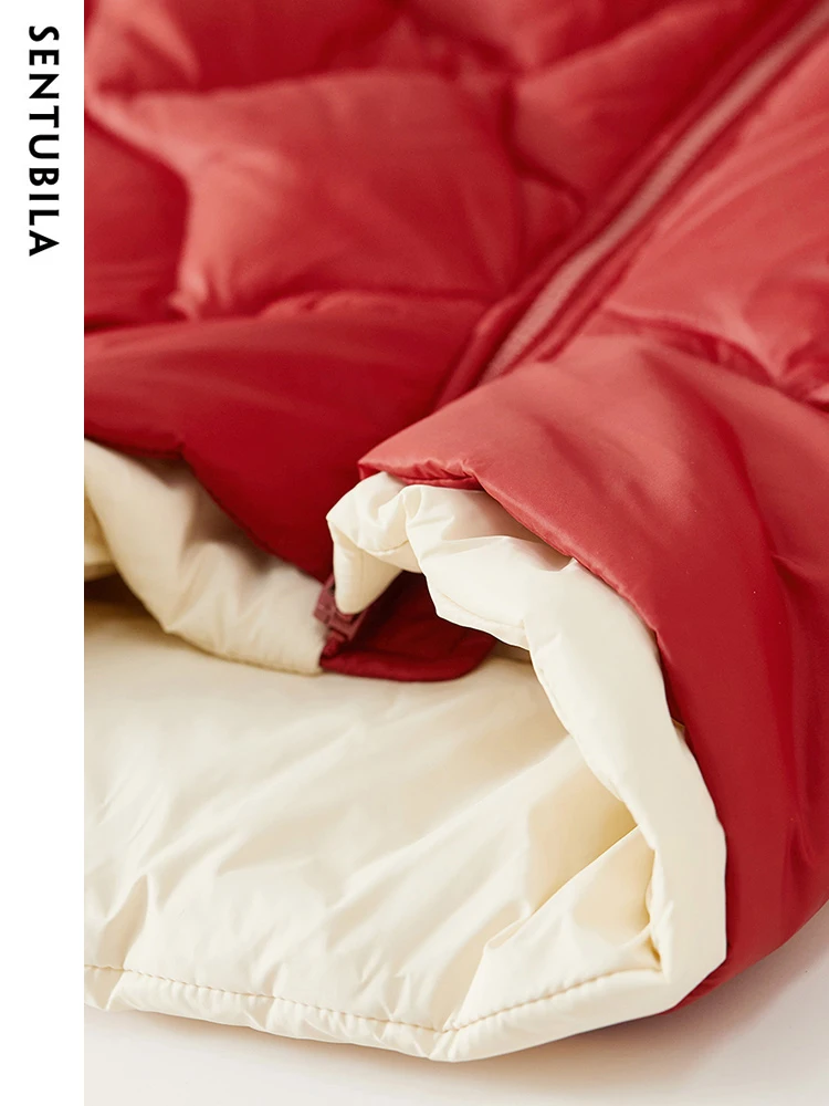 SENTUBILA Women's Contrast Crop White Duck Down Jacket 2023 Winter Stand Collar Down Coat Loose Warm Puffer Jackets W34Y49917