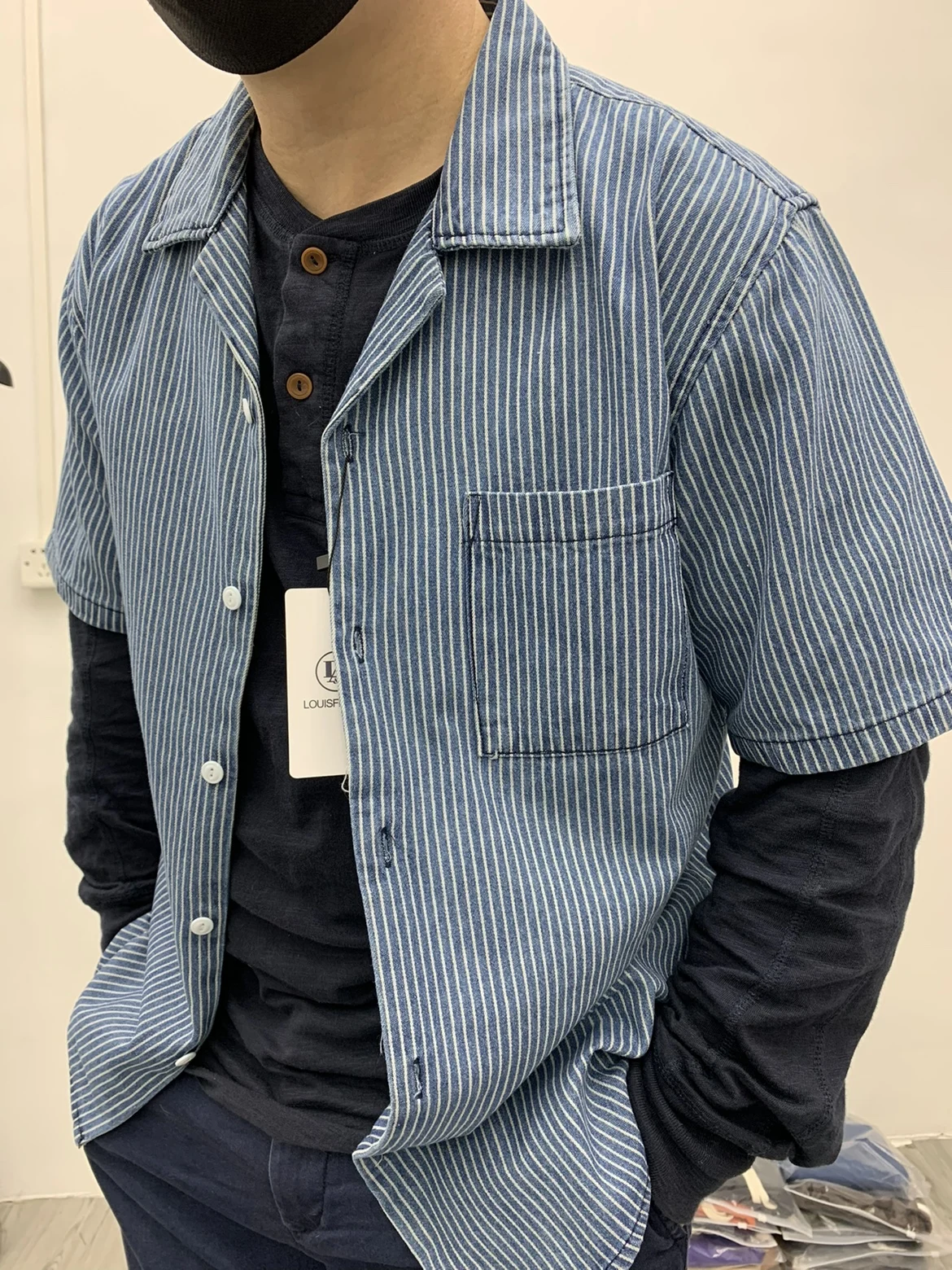 Cotton Amekaji American Vintage Striped Short Sleeve Shirt Men Cuban Neck Denim Shirt Retro Casual Hong Kong Male Tops