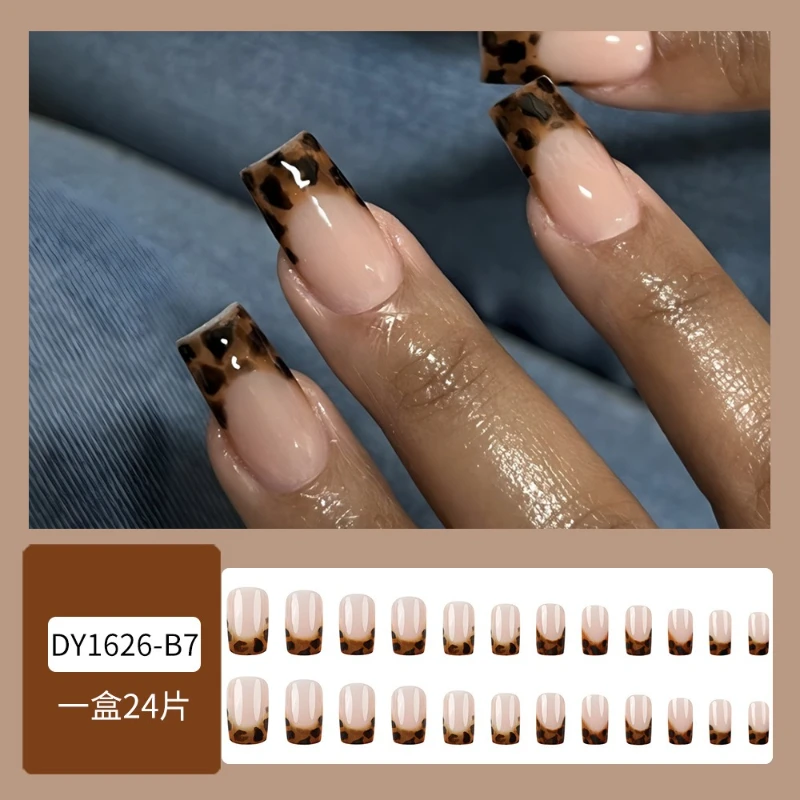 24개입 가짜 손톱 레오파드 프린트 프렌치 팁 유로 스타일 사각형 중간 길이 프레스온 네일 소녀와 친구들을 위한 완벽한 선물