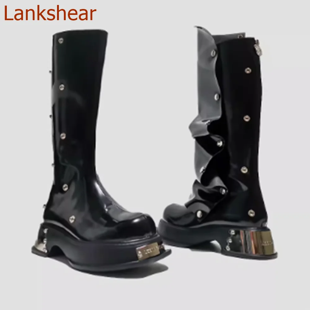 Round Toe Square Heel Women Shoes Pleated Solid Knee High Fashion Casual Comfortable Sexy Party Women Shoes 2024 New Arrivals