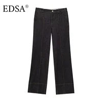 EDSA Women Black Denim Pants Set Fitted Shirt with Patch Pockets Pintuck Straight Leg Jeans Long Pants Suit - Image 4