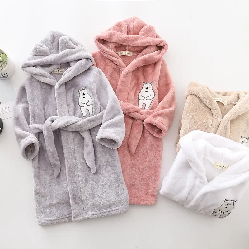 Kids Hooded Flannel Bathrobe Baby Bath Bear printed Robes Boy Girls Cute Cartoon Soft Warm Pajamas Long Sleeve Towel Robe