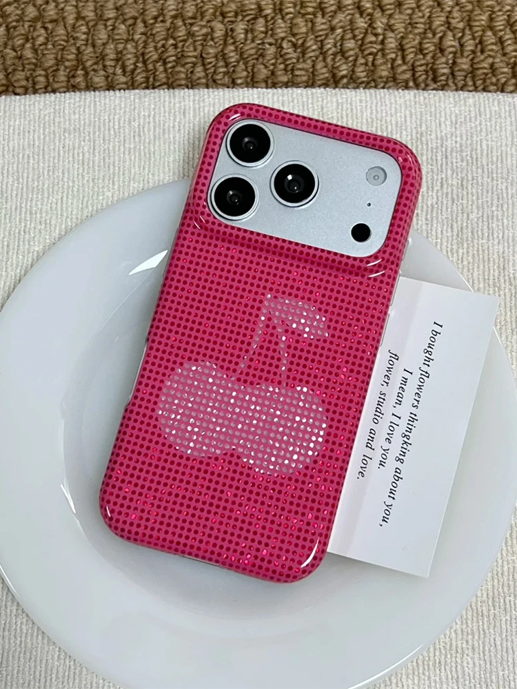 Stylish Rhinestone Cherry Glitter Phone Case - Glossy White & Hot Pink