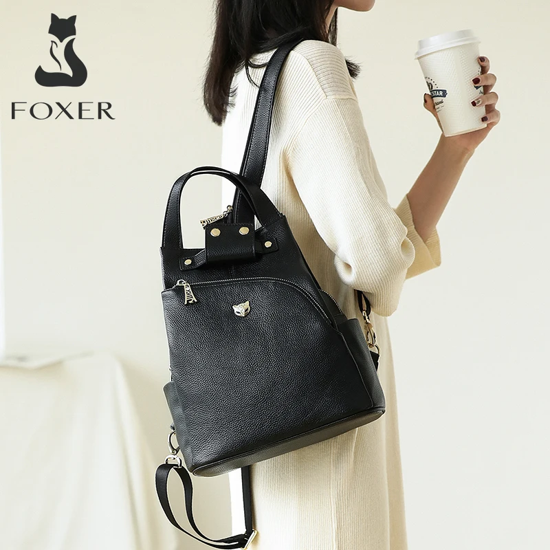 FOXER Lady Cow Leather Backpack Brand 2 in 1 Handbag Female Fashion Knapsack Preppy Teenage Schoolbag Women Shoulder Travel Bags