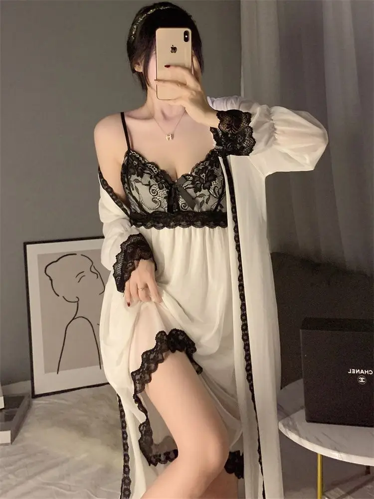 2pcs Nightgowns Women Sexy Lace Nightdress French Fairy Court Pajamas Sleep Home Dressing Gown Summer Pajama Sleepwear Nightwear