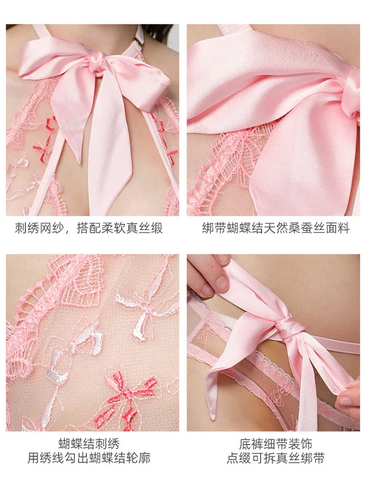 Ensemble bralette culotte rose noeud ruban brodé papillon demonstration porté