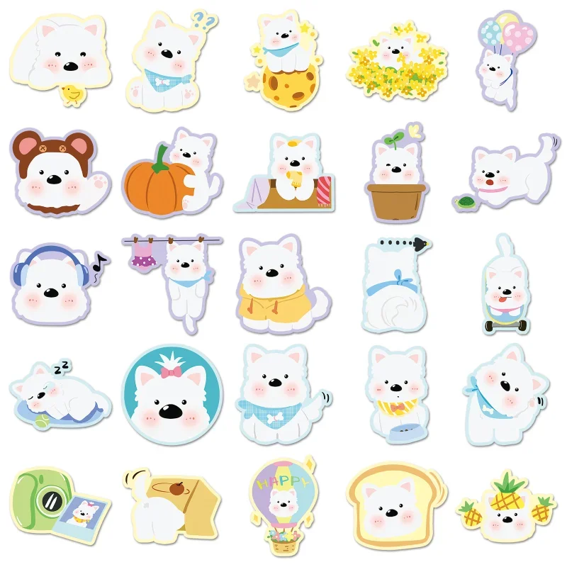 50pcs White Terrier Stickers Cute Cartoon Westie Dog Waterproof Decals for Laptop Journal Scrapbook 5-9cm Unique Design