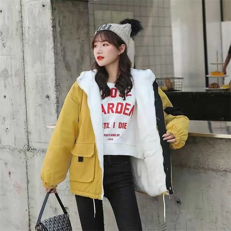 

Winter Thickening Cashmere Biker Jacket Street Wear Big Pocket Windbreaker Women Korean Style Loose Warm Hooded Casual Jackets
