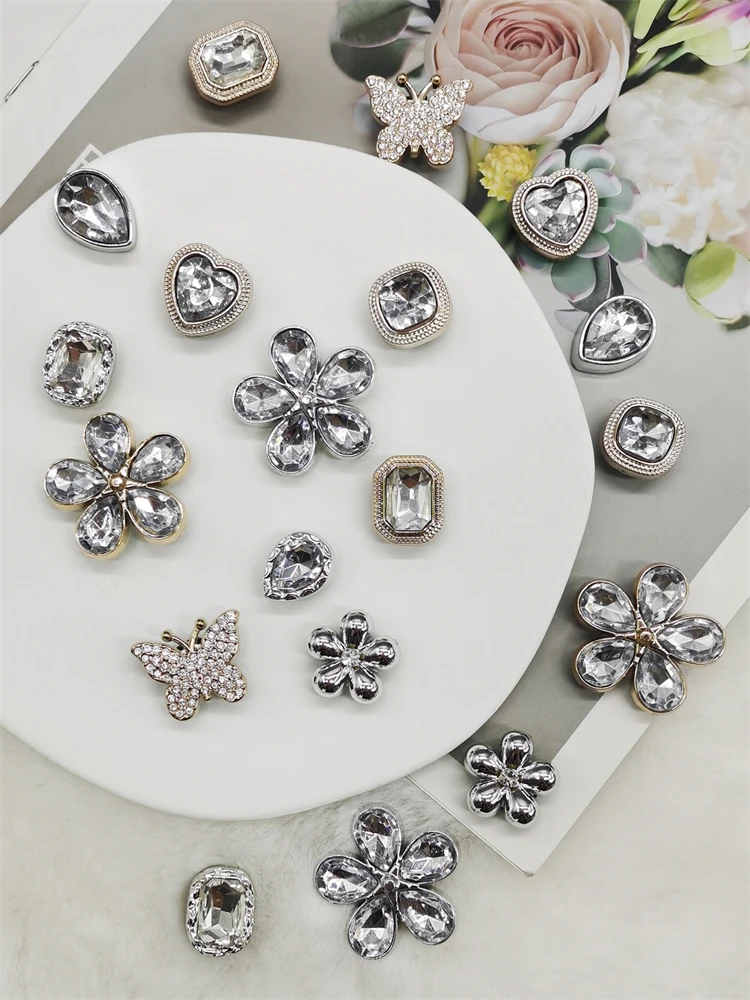 10PCS ABS Resin Silvery Golden Flower Shoe Charms Rhinestone Butterfly Shoes Decorations Heart Shoe Accessories DIY Shoe Clips