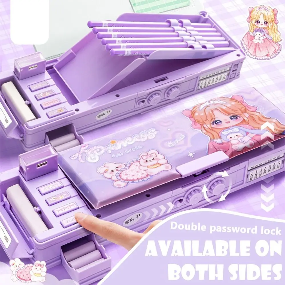 Cartoon Double Layer Pencil Case Large Capacity with Combination Lock Stationery Box Stationery Organizer Back To School Gift pencil cases stationery box