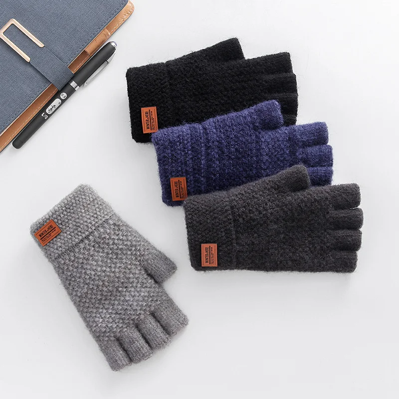 

Solid Color Black Half Finger Fingerless Gloves for MenWool Knit Wrist Cotton Gloves Winter Warm Stretch Elastic Gloves Women