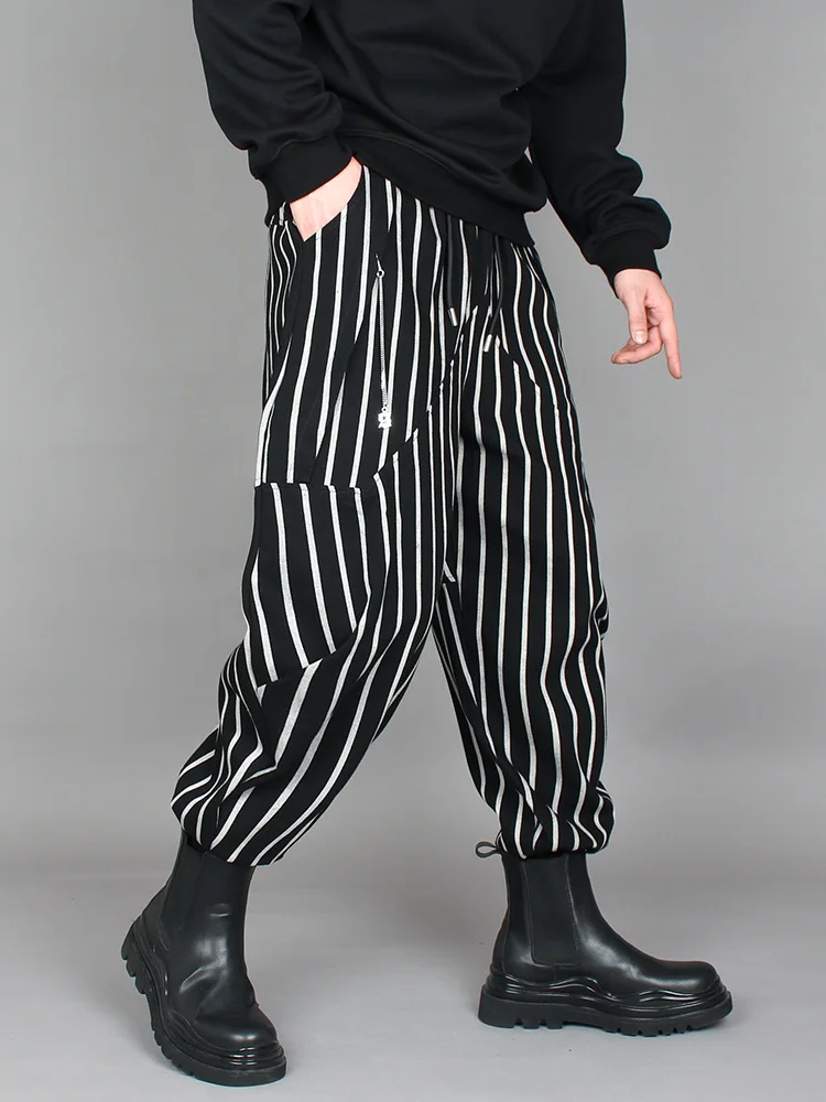 

High Street Dark Loose Patchwork Printed Striped Harem Pants men's Fall Trend Draping Yamamoto Style Casual Pants