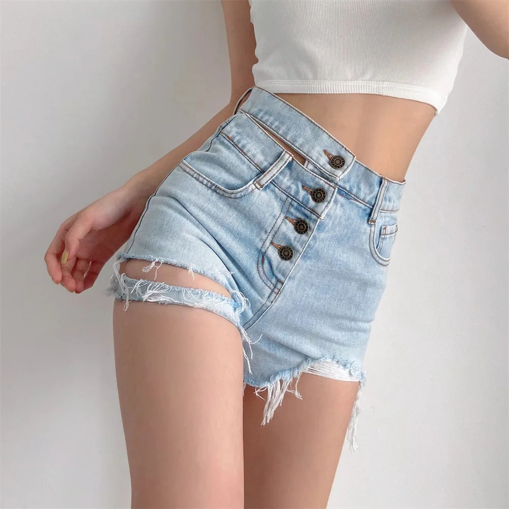 Summer new street solid color high waist denim shorts women, Versatile sexy washed ripped hole raw hollow waist denim shorts rock revival jeans Jeans